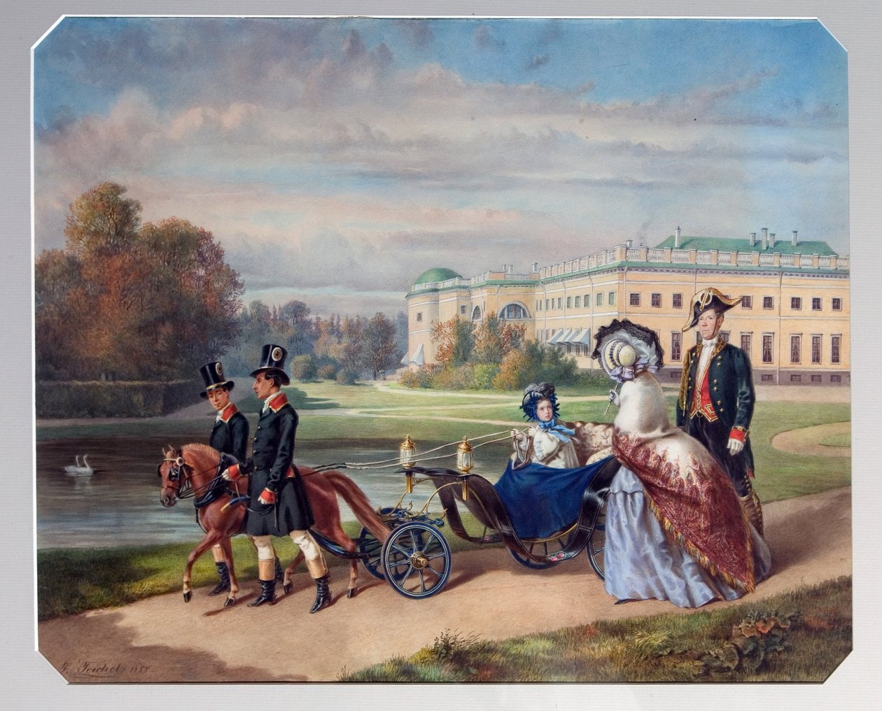 Promenada Wielkiej Księżnej Marii Aleksandrownej Rosji (1853-1920). W małej drużynie ciągniętej przez kucyka spaceruje po parku Carskie Sioło, letniej rezydencji rodziny cesarskiej w Petersburgu. Praca Franza Teichela (1816 autorstwa Franz (after) Teichel