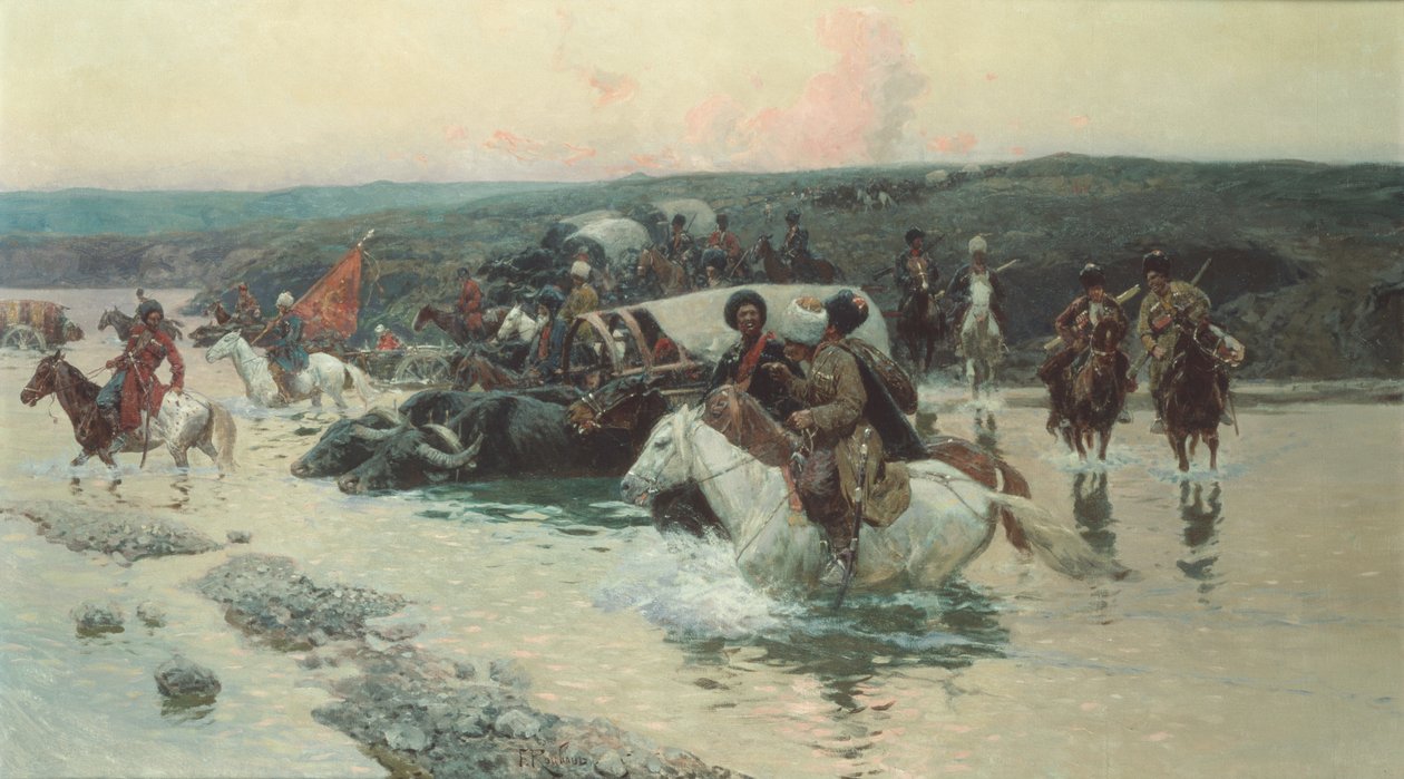 Konwój Czerkiesów przekraczający rzekę (olej na płótnie) autorstwa Franz Alekseevich Roubaud
