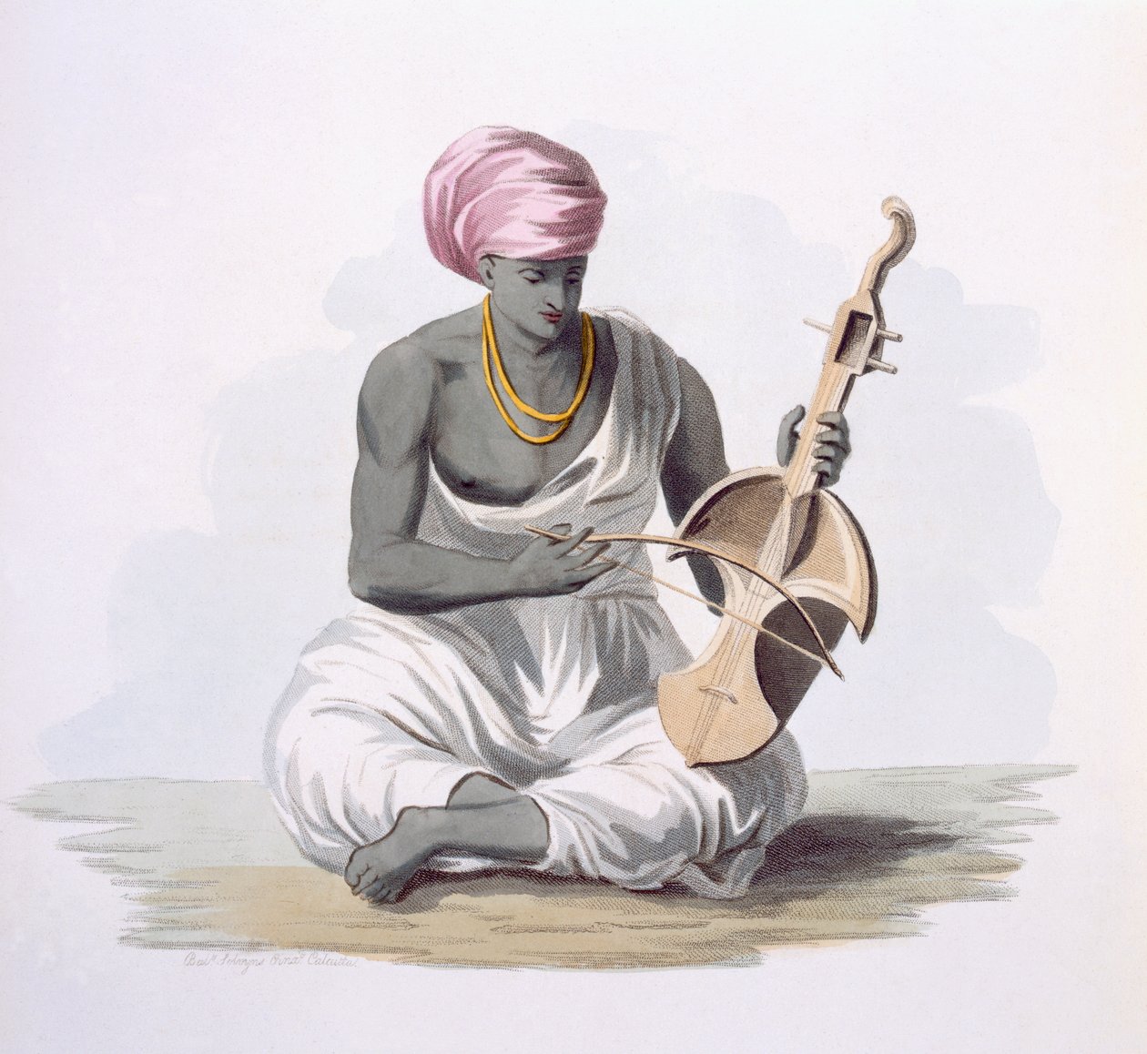 Skrzypce typu Sarinda lub Hindostan z „Costumes of India” E. Orme, 1804 (kolorowa akwaforta) autorstwa Franz Balthazar Solvyns