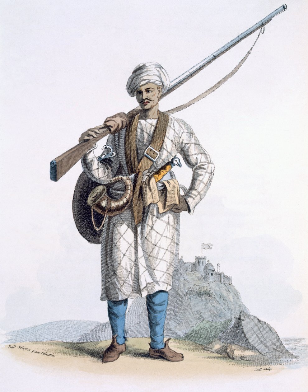 Behaleea lub hinduski żołnierz, z „Kostiumy Indii” E. Orme, 1804 (kolorowa akwaforta) autorstwa Franz Balthazar Solvyns