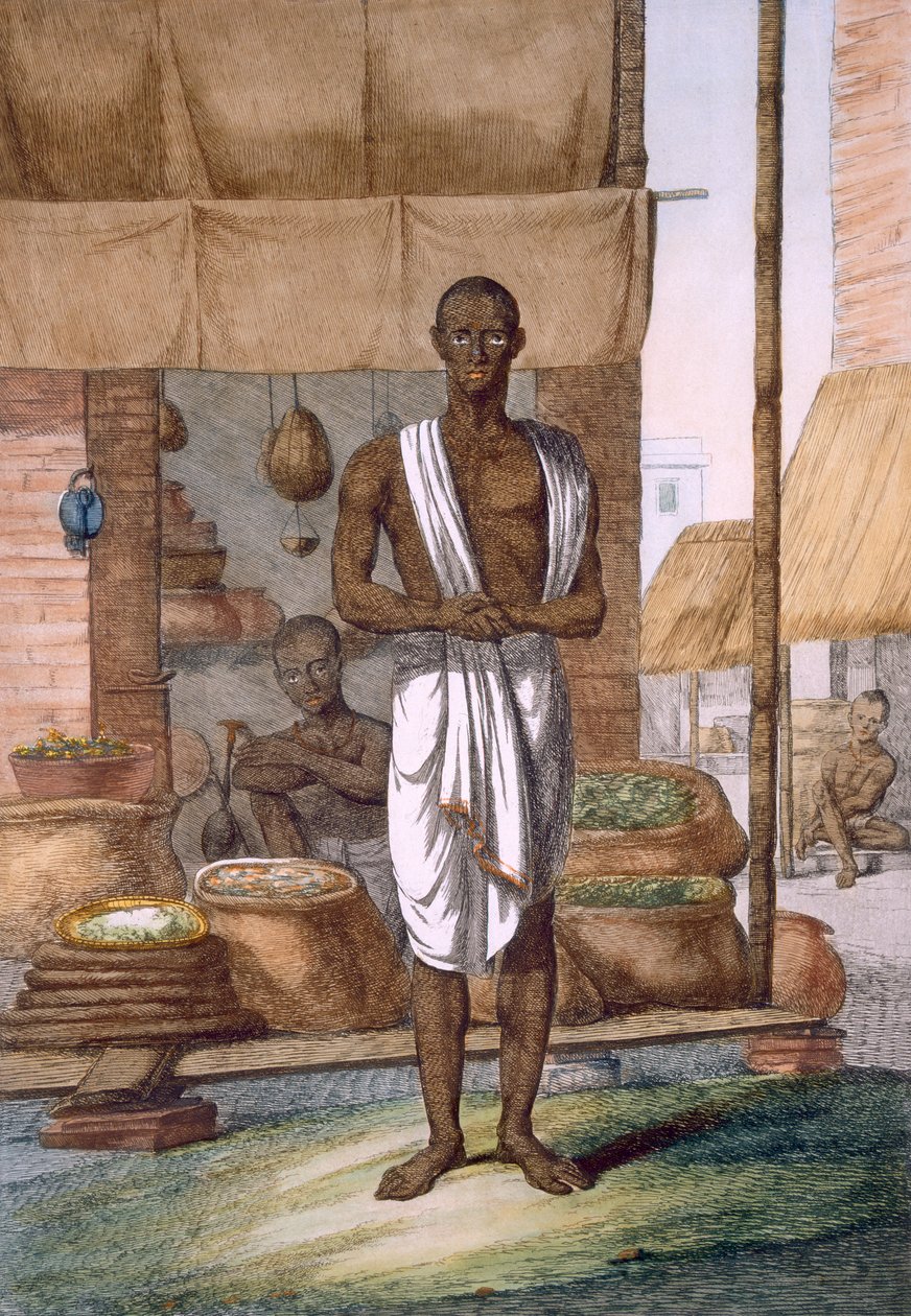 Sklep spożywczy przed sklepem z towarami w workach, z „Hindusi, czyli opis ich manier, strojów i ceremonii”, ok. 1808-12 (kolorowa akwaforta) autorstwa Franz Balthazar Solvyns
