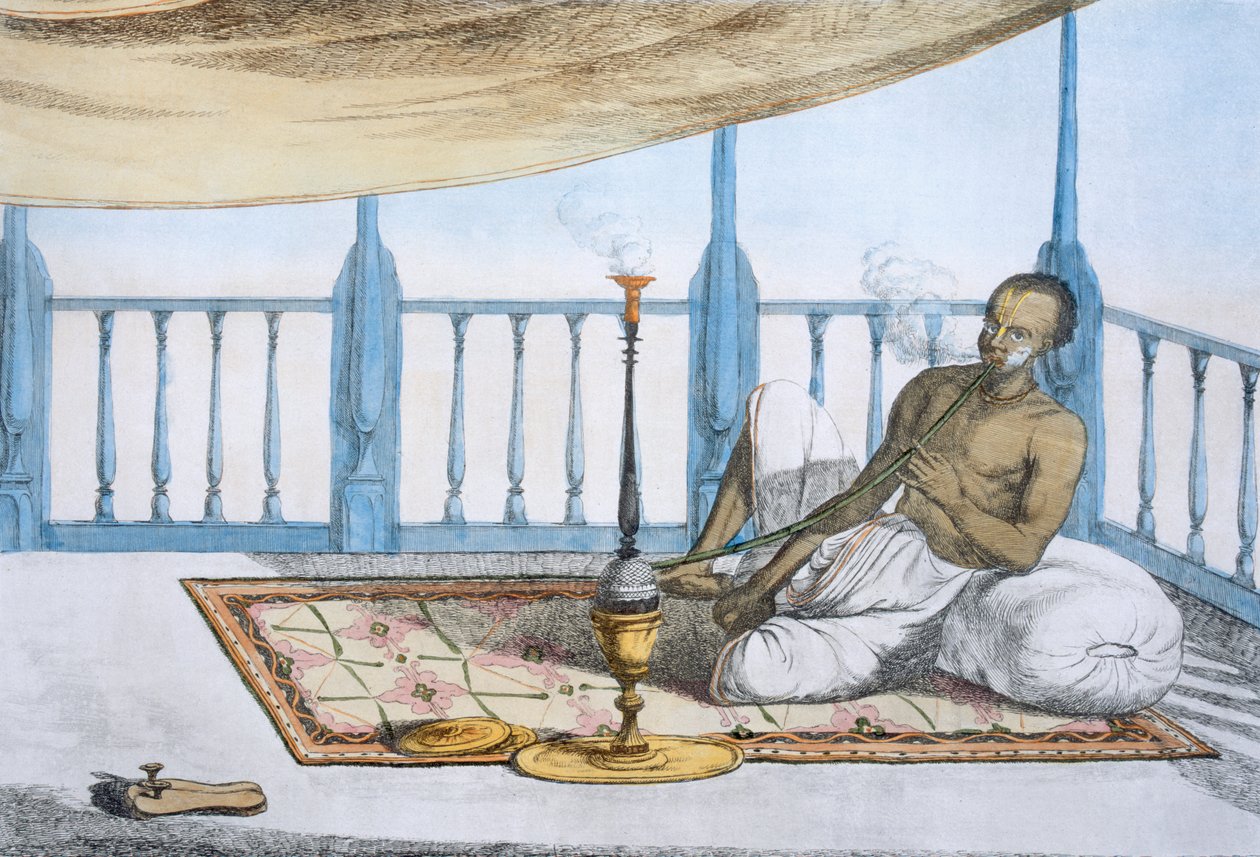 Mężczyzna palący sziszę z haszyszem lub opium, z "Les Hindous ou la Description de leurs Moeurs Coutumes et Ceremonies", pub. 1808-12 (akwaforta barwna) autorstwa Franz Balthazar Solvyns