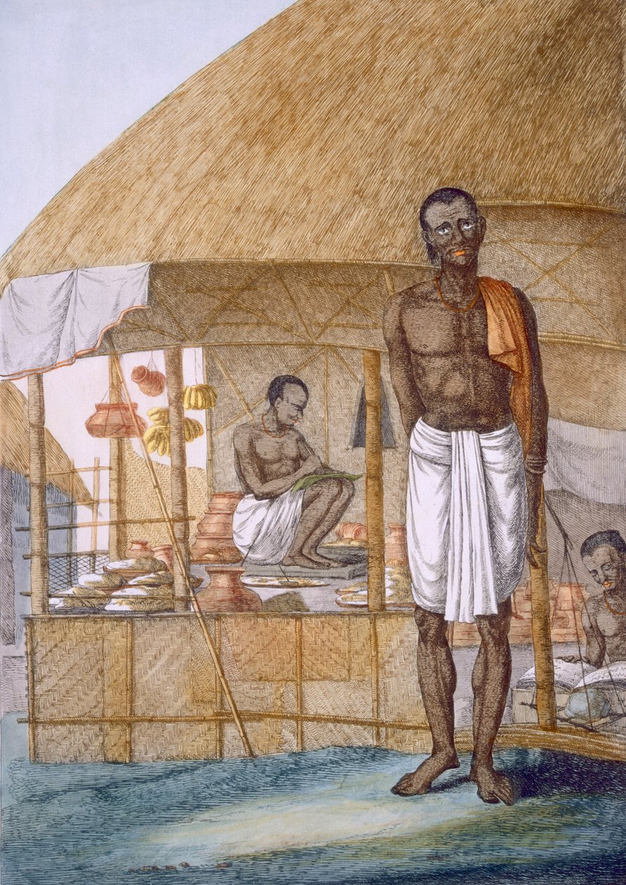 Sklepikarz sprzedający garnki, banany i ziarna, z "The Hindus, or the Description of their Manners, Costumes and Ceremonies", ok. 1808-12 (akwaforta barwna) autorstwa Franz Balthazar Solvyns