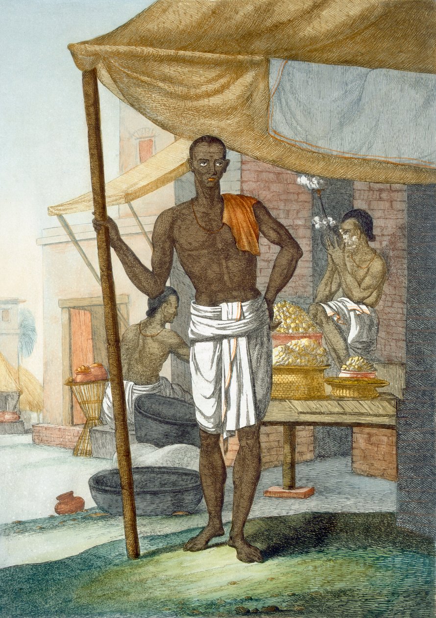 Sklepikarze: cukiernik, z "The Hindus, or the Description of their Manners, Costumes and Ceremonies", ok. 1808-12 (akwaforta barwna) autorstwa Franz Balthazar Solvyns