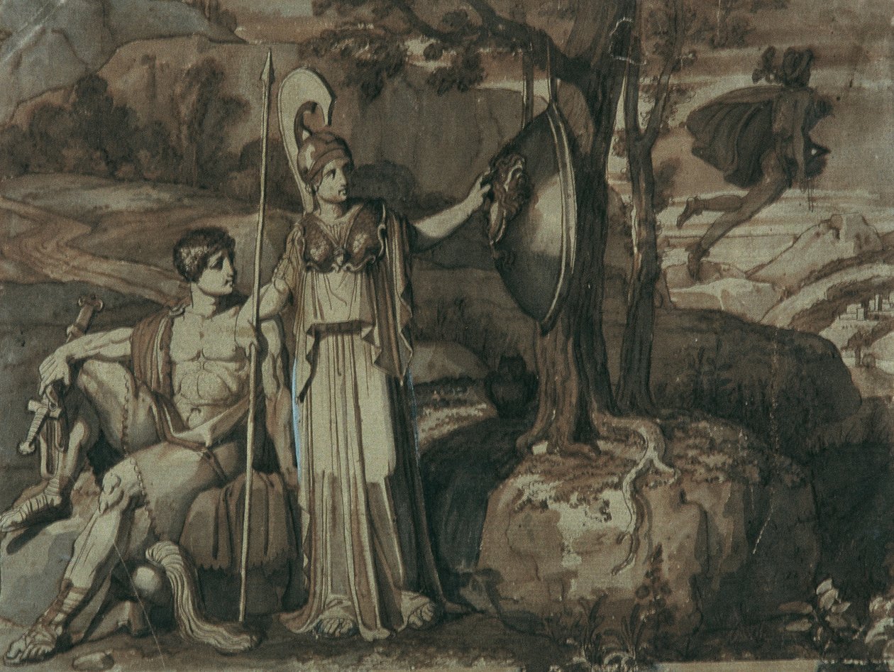 Scena z legendy Perseusza: Atena z tarczą Gorgony autorstwa Franz Caucig