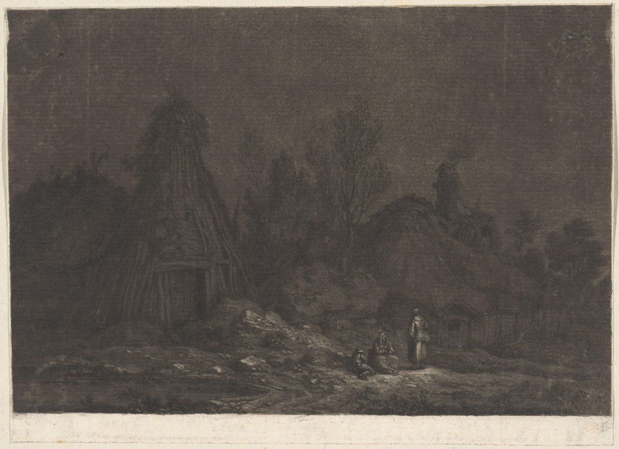 Scena księżyca z postaciami przed chatą XII Vues de la Normandie (tytuł serii) autorstwa Franz Edmund Weirotter