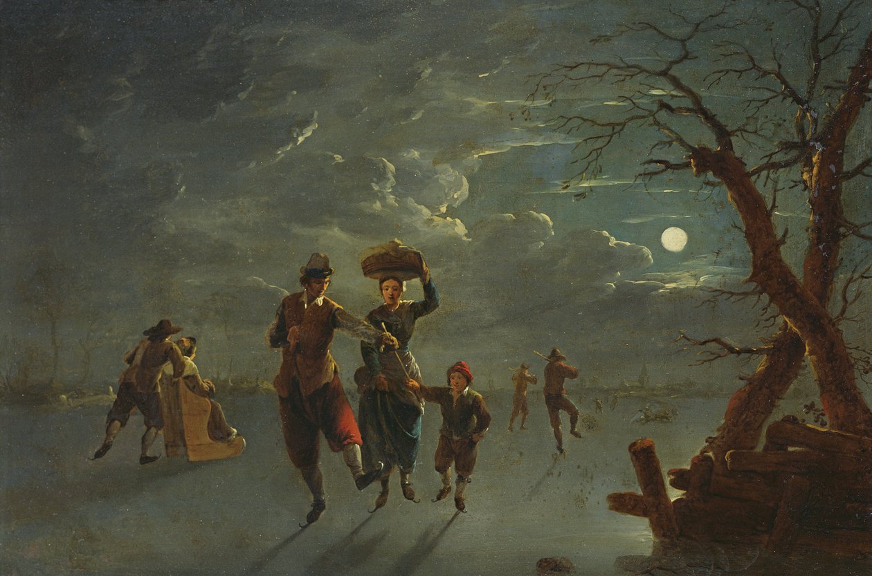 Łyżwiarstwo Moonlight (olej na miedzi) autorstwa Franz Ferg