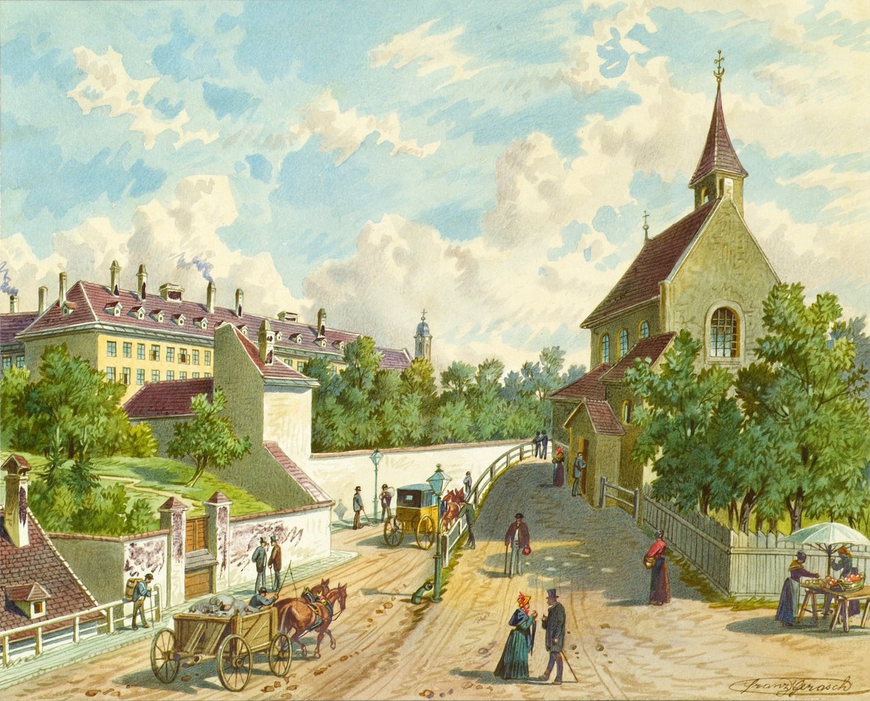 Währinger Strasse w Wiedniu z domem zaopatrzeniowym „Zum Blauen Herrgott” i „Krawoten-Kapelle” autorstwa Franz Gerasch