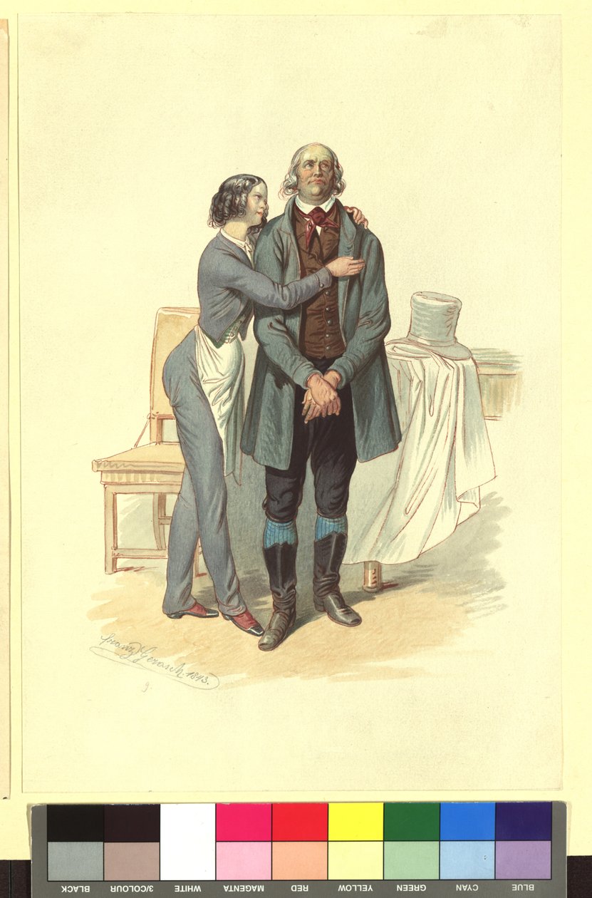Ida Schuselka-Brüning jako pomocnik piekarza Georg oraz Carl Carl jako dzierżawca Landry w „Wieczorze, nocy i poranku w Paryżu” autorstwa Franz Gerasch