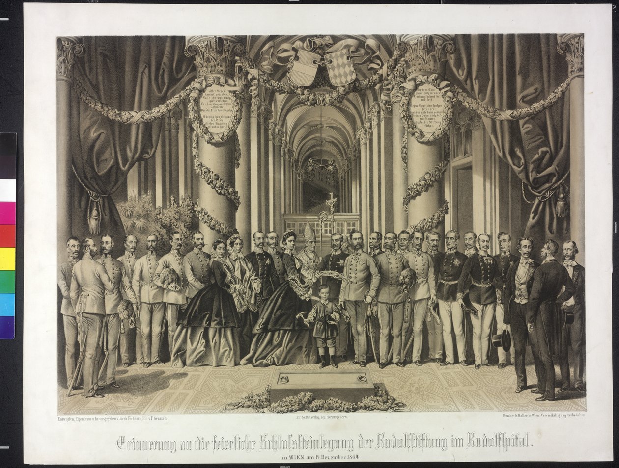 Przypomnienie o uroczystym wmurowaniu nagrobka fundacji Rudolfa w Rudolfspital 1864 (litografia) autorstwa Franz Gerasch