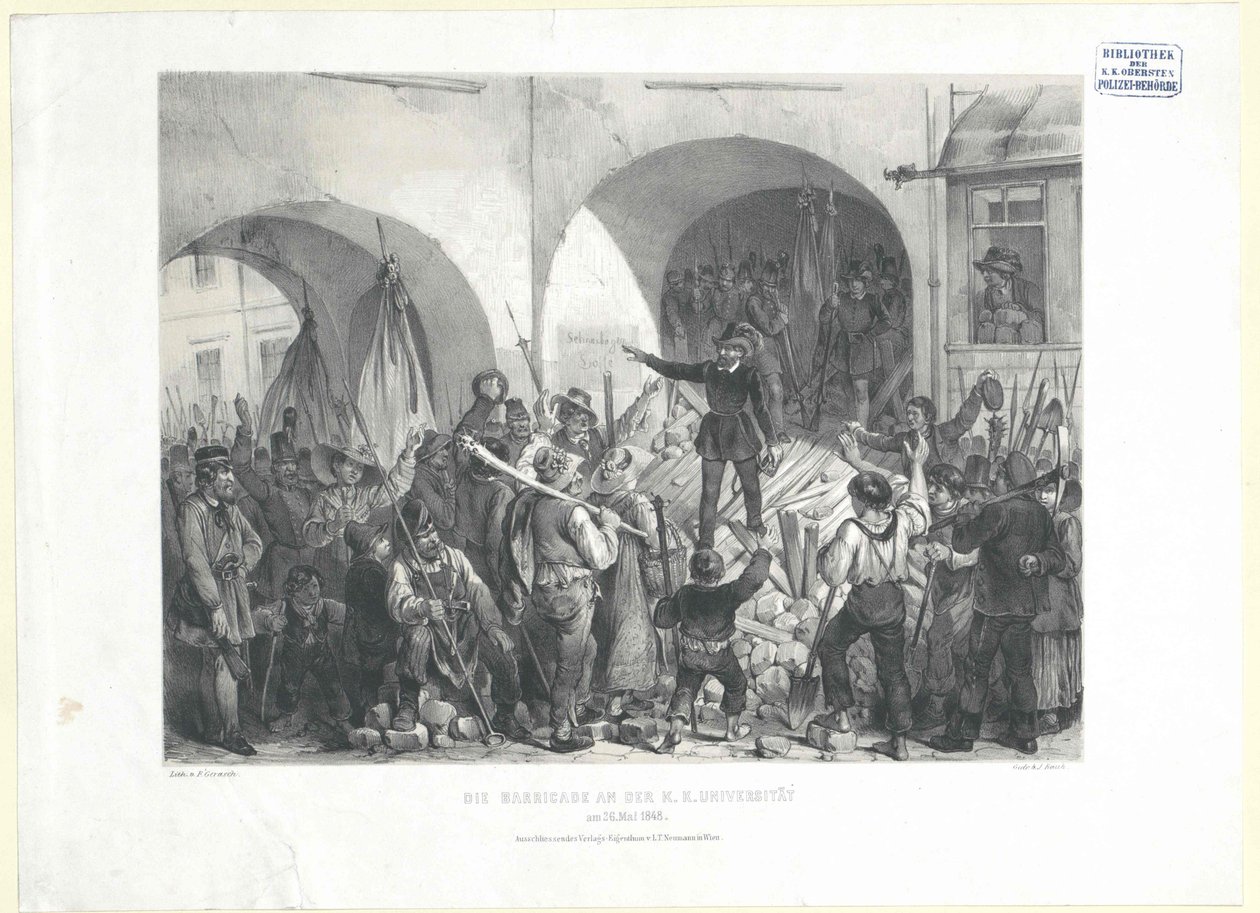 Barykada na uniwersytecie k. k. w dniu 26. Maja 1848 r. (litografia) autorstwa Franz Gerasch