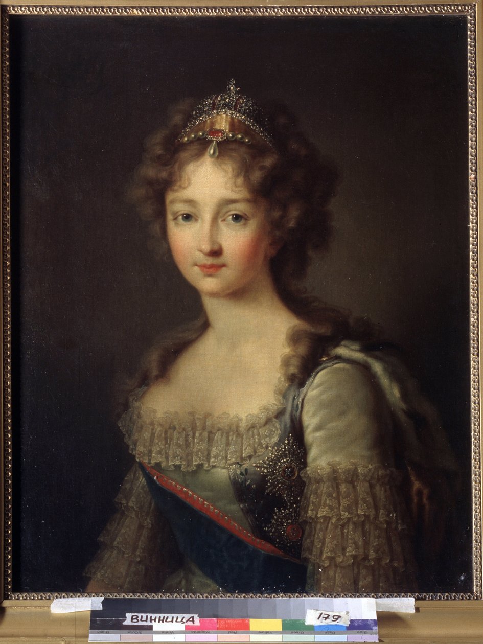 Portret cesarzowej Elżbiety Aleksiejewny, księżniczki Ludwiki Augusty z Badenii (1779-1826). Nosi perłową tiarę. (Portret cesarzowej Elżbiety Aleksiejewny, księżniczki Ludwiki Badenii). Żona cara Aleksandra I Pawłowicza (1777-1825). Farba autorstwa Franz Gerhard von Kugelgen