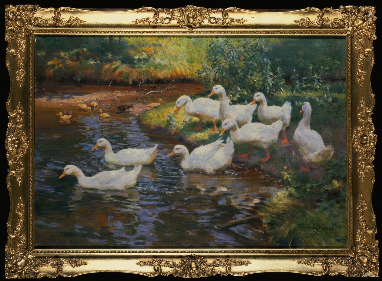 Rodzina kaczek (kaczki z pisklętami na brzegu potoku) autorstwa Franz Grassel