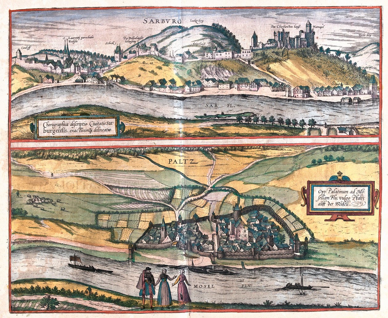 Dokładny przegląd miasta Saarburg i miasta Pfaltz an der Mosel w Niemczech (grawerowanie autorstwa Franz Hogenberg