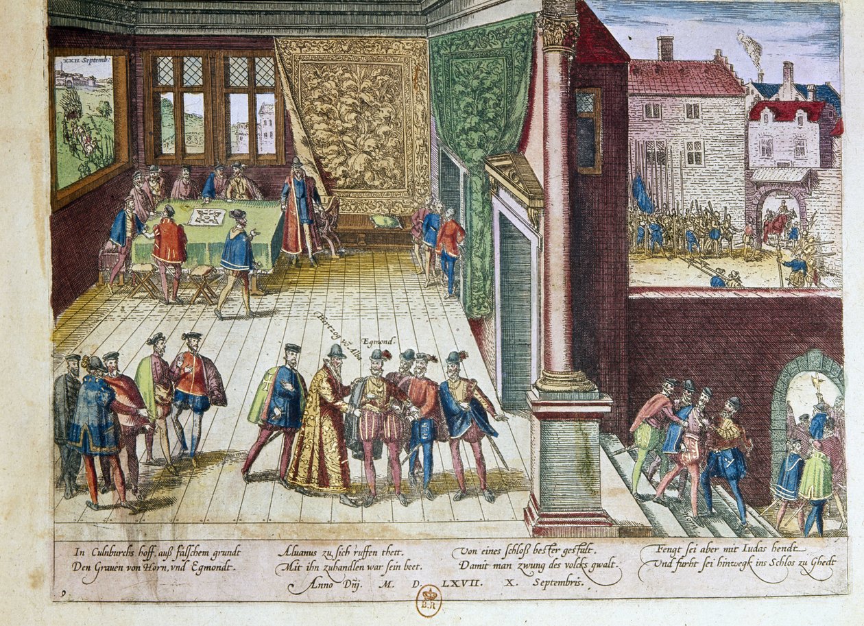 Aresztowanie Lamorala, hrabiego Egmont (1522-1568) i Filipa de Montmorency (1524-1568), hrabiego Hornes (Hoorn) za ich sprzeciw wobec króla Hiszpanii Filipa II (1527-1598). Zostaną wykonane w 1568 (prawy górny róg) 1653 Drukuj przez F autorstwa Franz Hogenberg