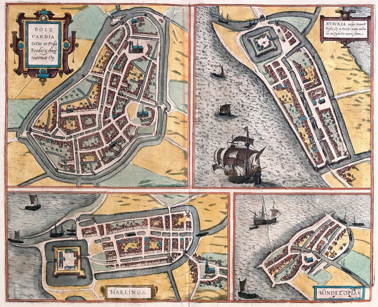 Bolsward, Stavoren, Harlingen i Hindeloopen, Holandia (grawerowanie autorstwa Franz Hogenberg
