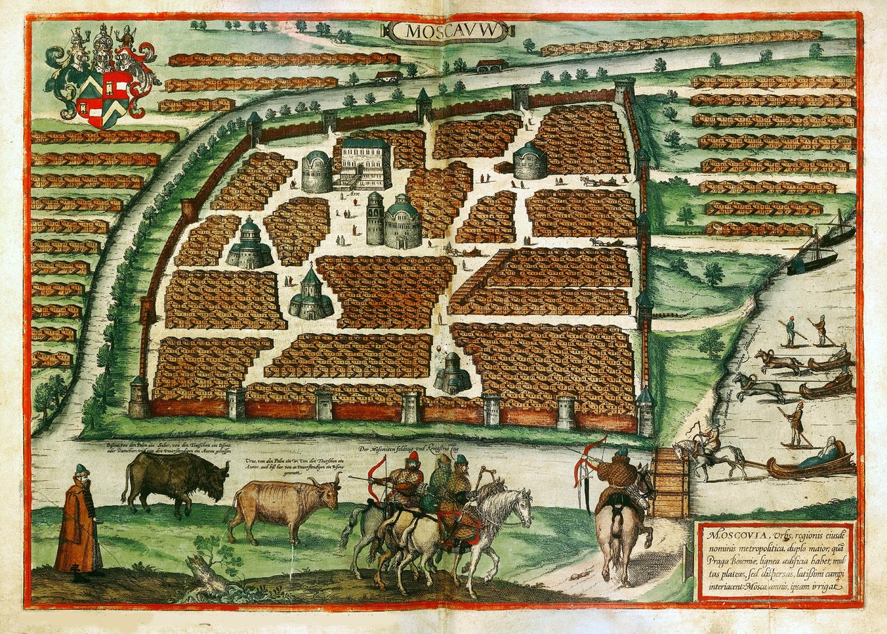 Mapa Moskwy (Rosja) - Praca Fransa Hogenberga (1535-1590), rycina i akwarela wydobyte z Civitates orbis terrarium autorstwa Franz Hogenberg