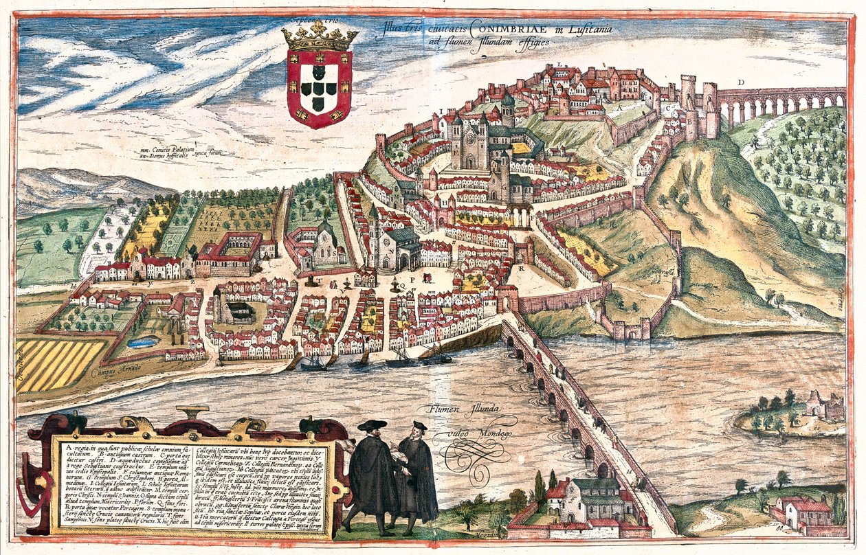 Coimbra, Portugalia. Dwóch naukowców widzianych w uczonej dyskusji na pierwszym planie czyni dalsze wizualne odniesienia do uniwersytetu (grawerowanie autorstwa Franz Hogenberg