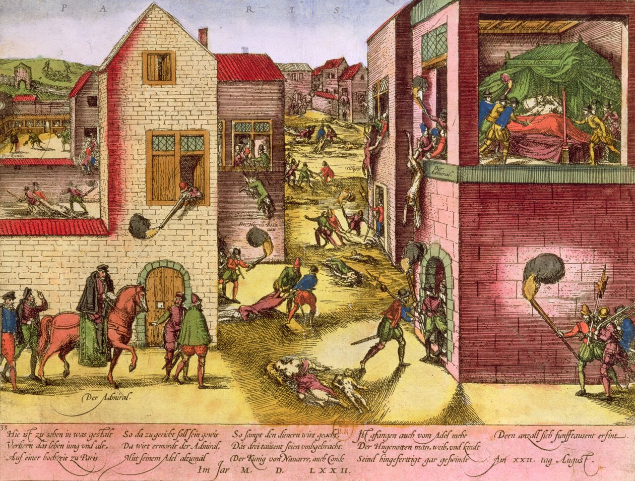 Śmierć admirała Gasparda II de Coligny (1519-72) w czasie masakry św. Bartłomieja w 1572 r. (zob. 158612 dla bw) autorstwa Franz Hogenberg