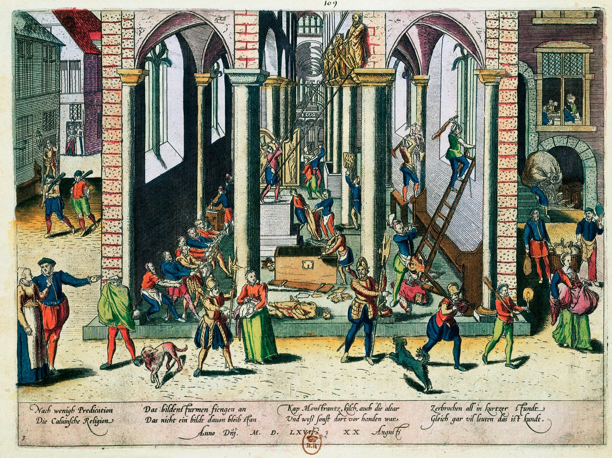 Zniszczenie relikwii i posągów w kościołach, kwiecień 1566 (kolorowa rycina) autorstwa Franz Hogenberg