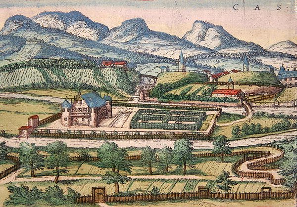 Fragment widoku Kassel z „Civitates orbis terrarum”, pod redakcją Georga Brauna (kolorowa grawerunek) autorstwa Franz Hogenberg