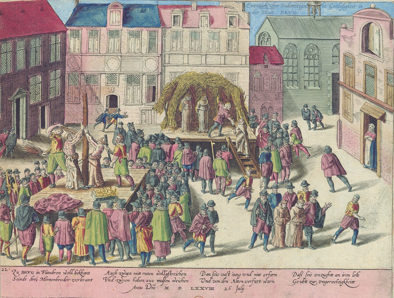 Egzekucja w Brugii przez spalenie trzech braci za sodomię, 28 czerwca 1578 autorstwa Franz Hogenberg