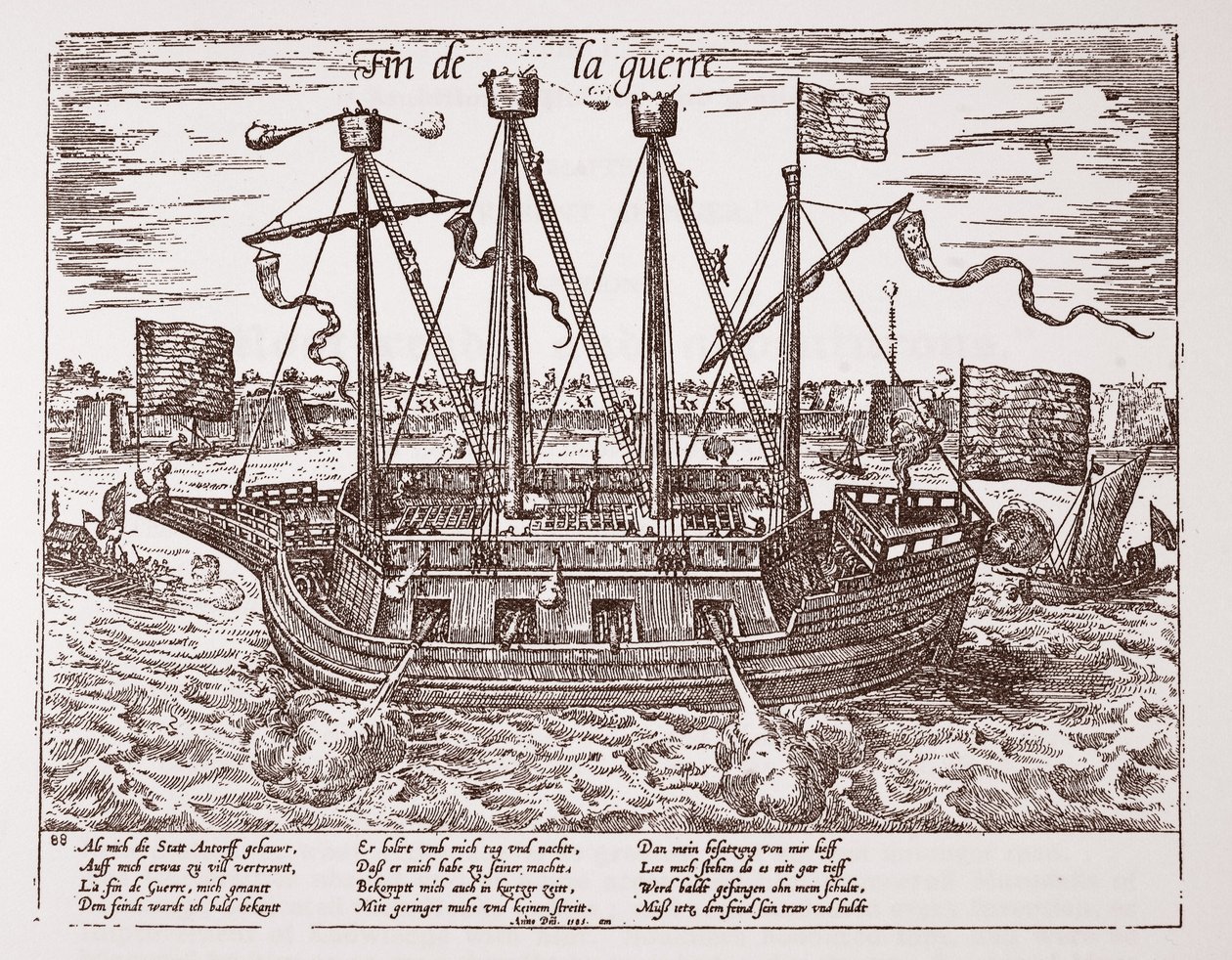 „Fin de la Guerre”, okręt wojenny zbudowany dla Zjednoczonych Prowincji, 1585 autorstwa Franz Hogenberg