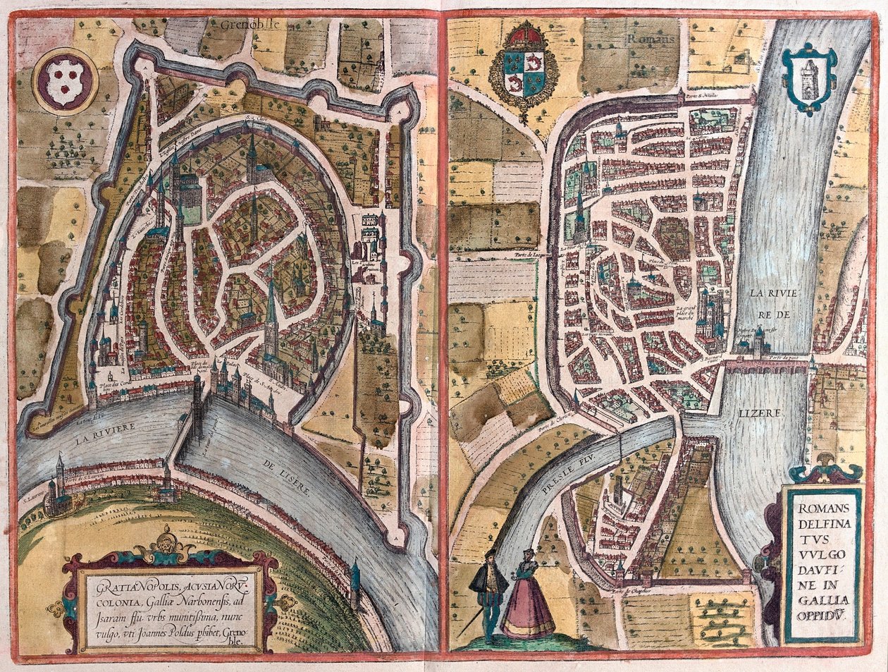 Grenoble i Romans sur Ister, Francja (Grawerowanie autorstwa Franz Hogenberg