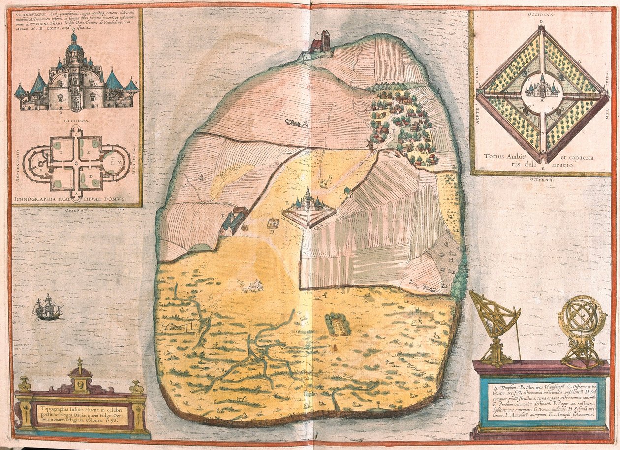 Wyspa Ven i Uranienborg, pałac i obserwatorium Tycho Brahe znajdujące się na tej wyspie, w Sund (rycina autorstwa Franz Hogenberg