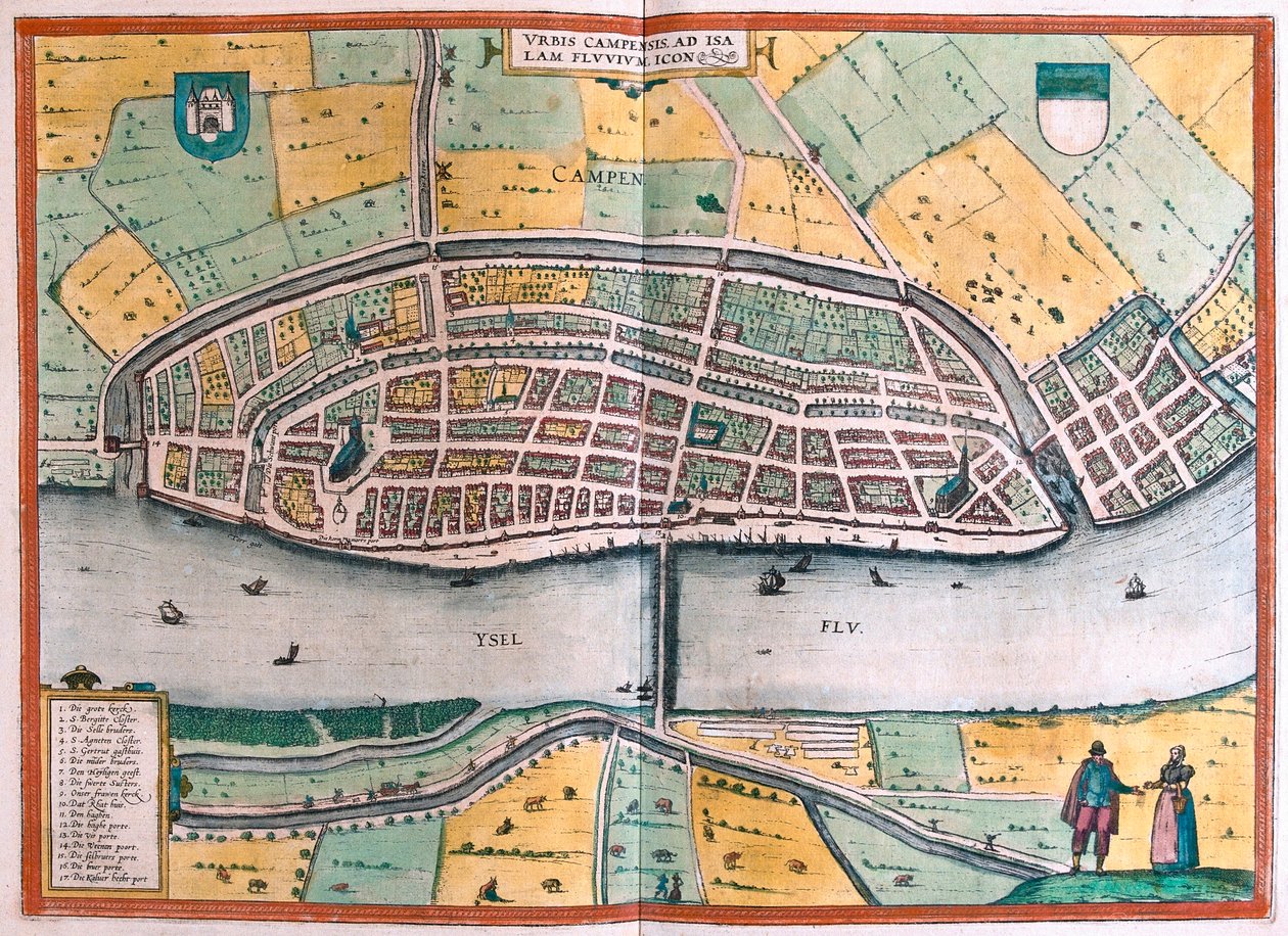Kampen i rzeka IJssel lub Yssel, Holandia (Grawerowanie autorstwa Franz Hogenberg