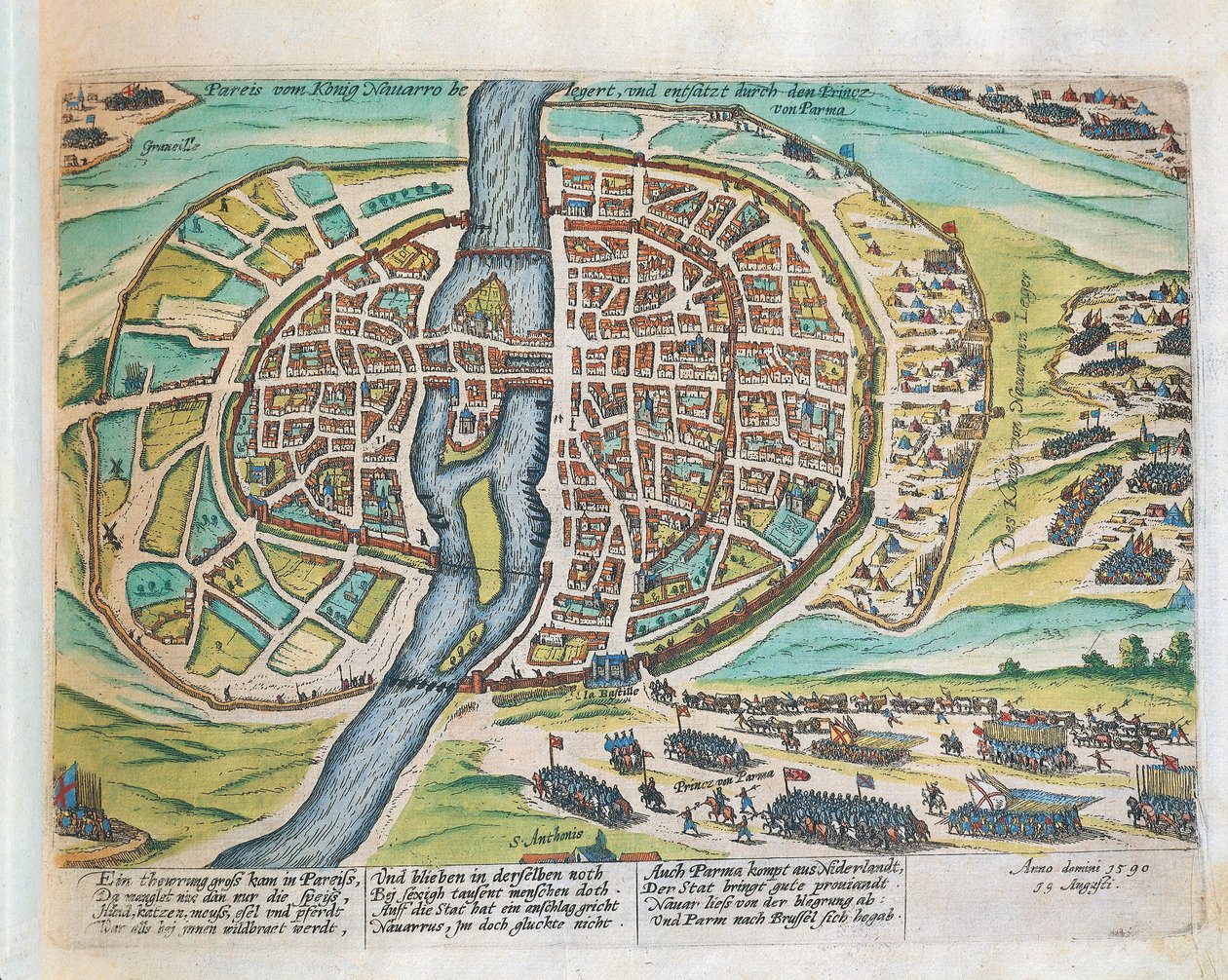 Król Henryk Nawarry oblegający Paryż, sierpień 1590, Franz Hogenberg, rycina autorstwa Franz Hogenberg