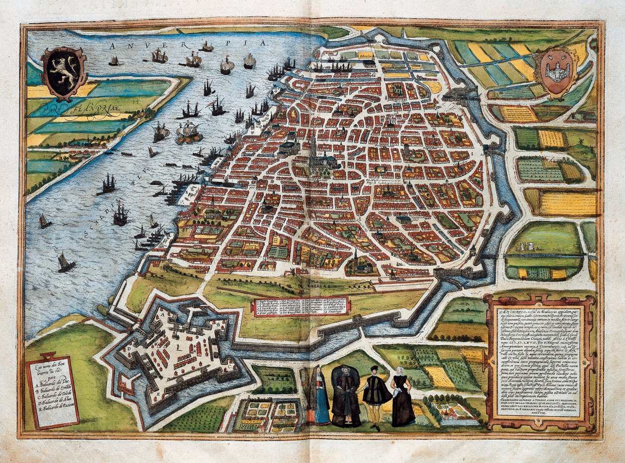 Mapa Antwerpii z „Cities of the World” (kolorowy grawerunek) autorstwa Franz Hogenberg
