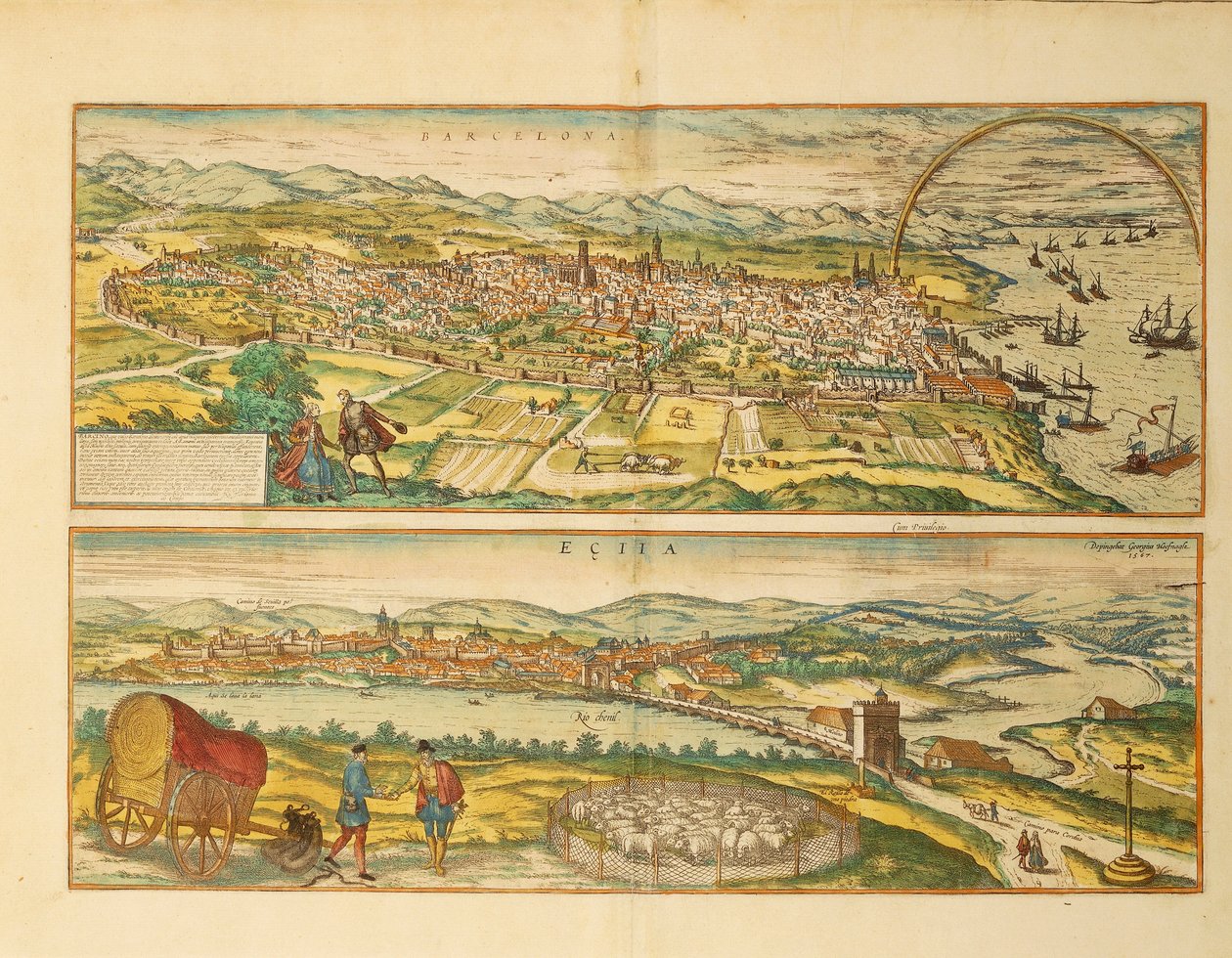 Mapa Barcelony i Eciji z miast świata autorstwa Georga Braun autorstwa Franz Hogenberg