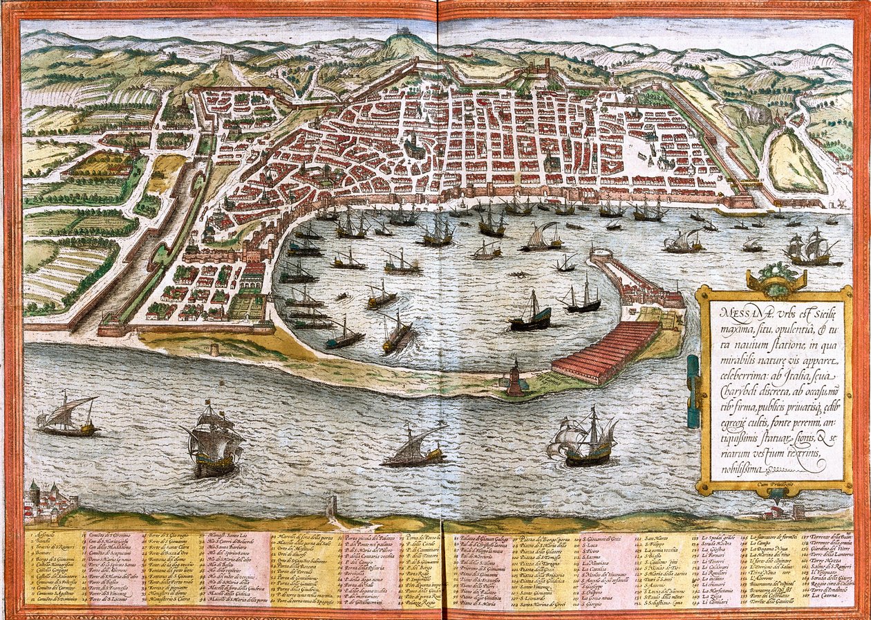 Mapa Mesyny (Messana), Włochy (akwaforta autorstwa Franz Hogenberg