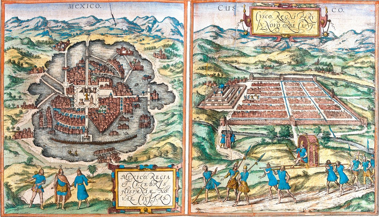 Mapa Meksyku (Meksyk) i Cuzco (Cusco) (Peru) (akwaforta autorstwa Franz Hogenberg