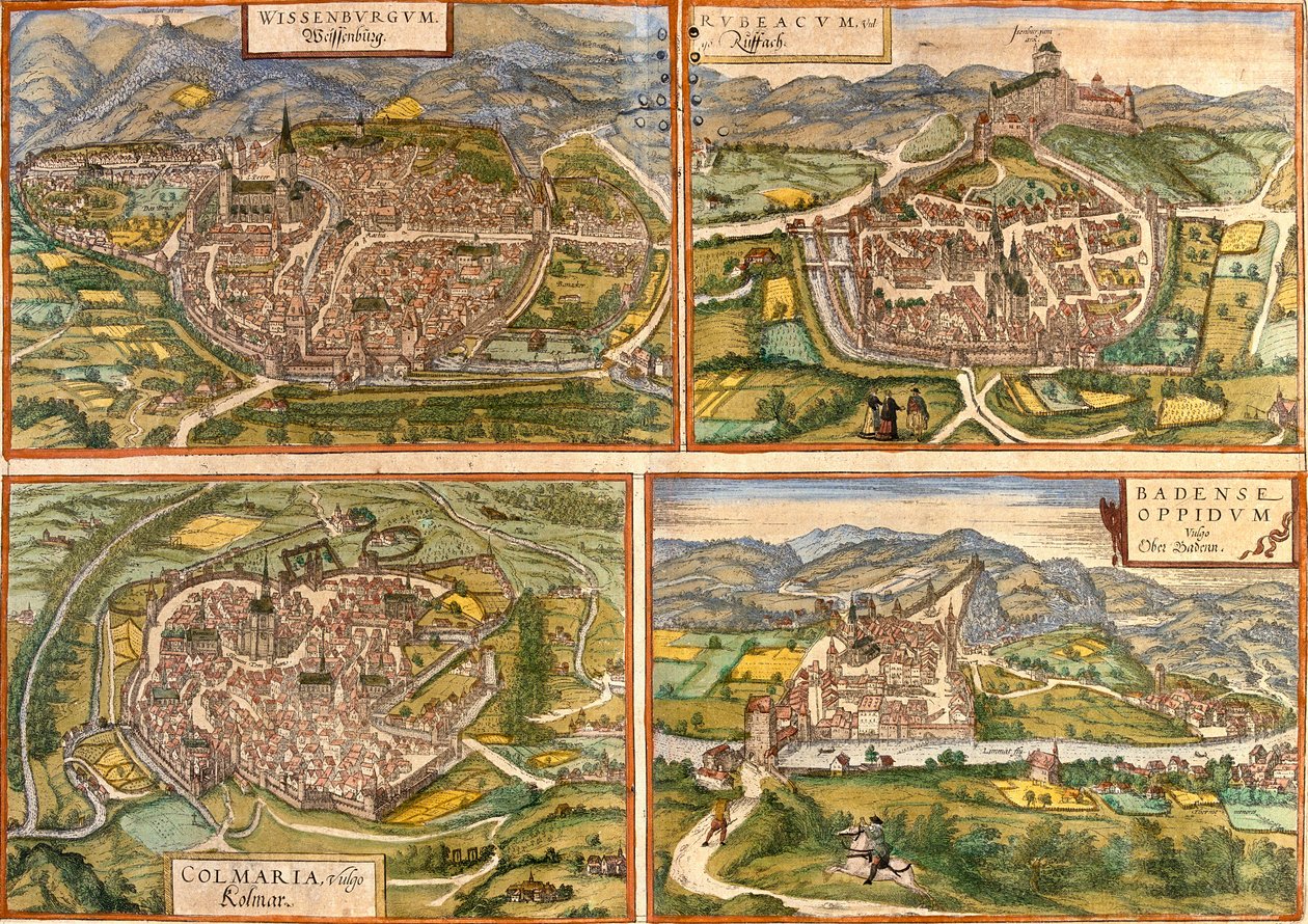Mapa Weissenburg (Wissenburgum) w Niemczech, Rouffach (Rubeasum) i Colmar (Colmaria) we Francji i Baden w Szwajcarii (akwaforta autorstwa Franz Hogenberg