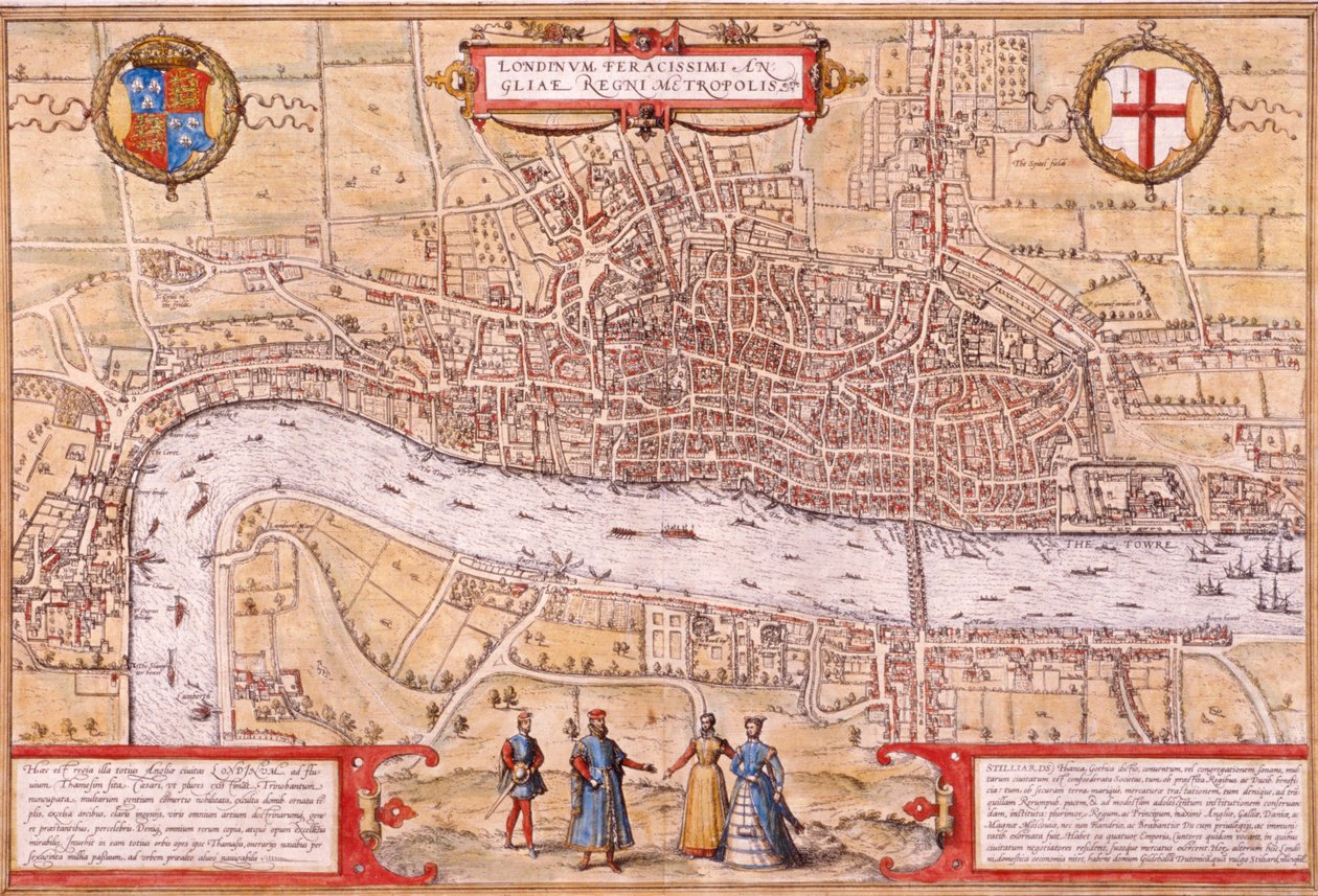Mapa City of London, Southwark i części Westminster, 1572 autorstwa Franz Hogenberg