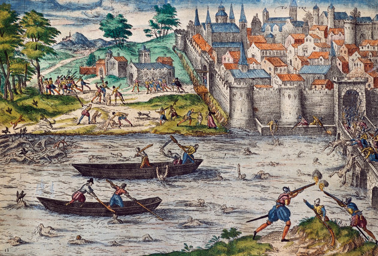 Masakry w Tours, lipiec 1562 podczas wojen religijnych z hugenotami, rycina Franza Hogenberga (1535-1590), Francja autorstwa Franz Hogenberg
