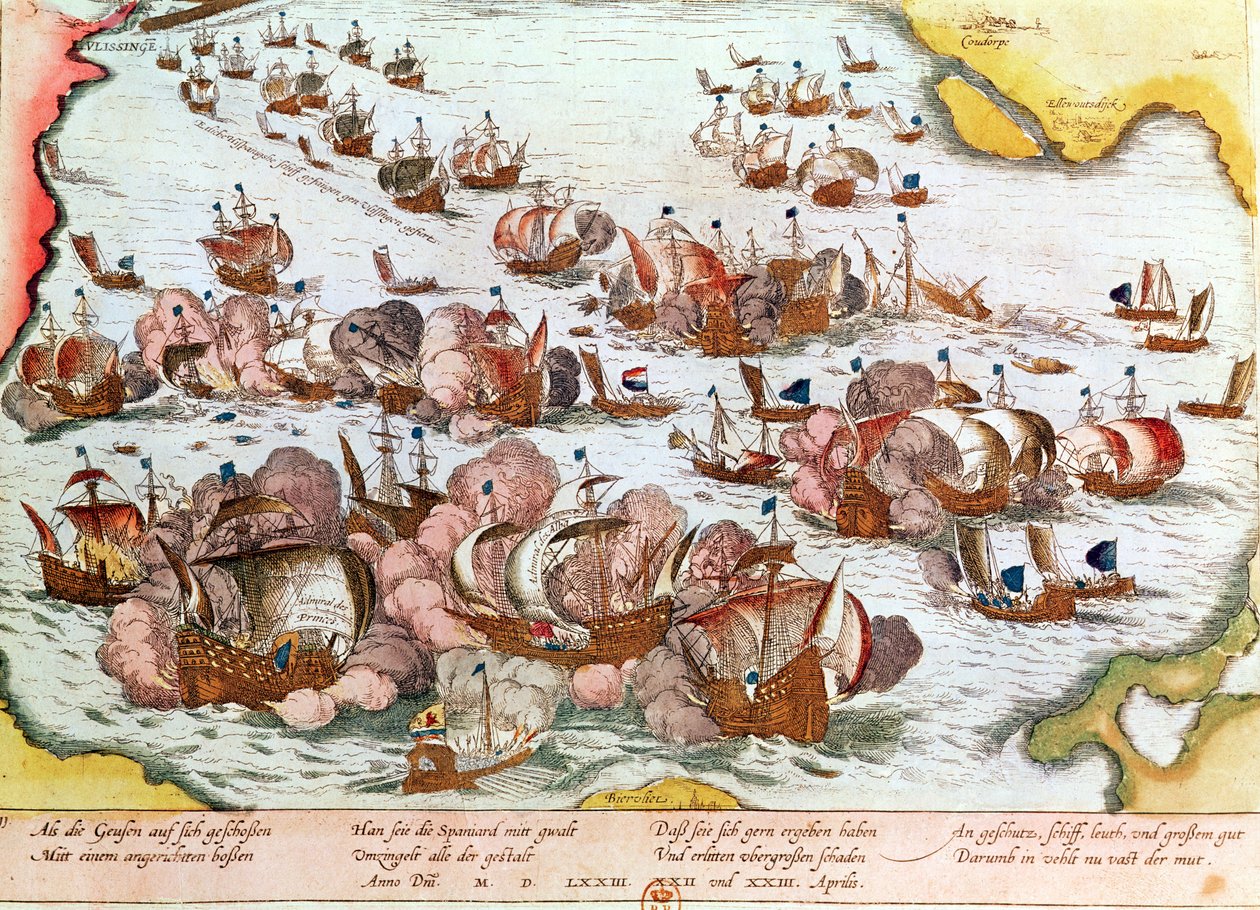 Bitwa morska między żebrakami morza a Hiszpanami w 1573 r autorstwa Franz Hogenberg