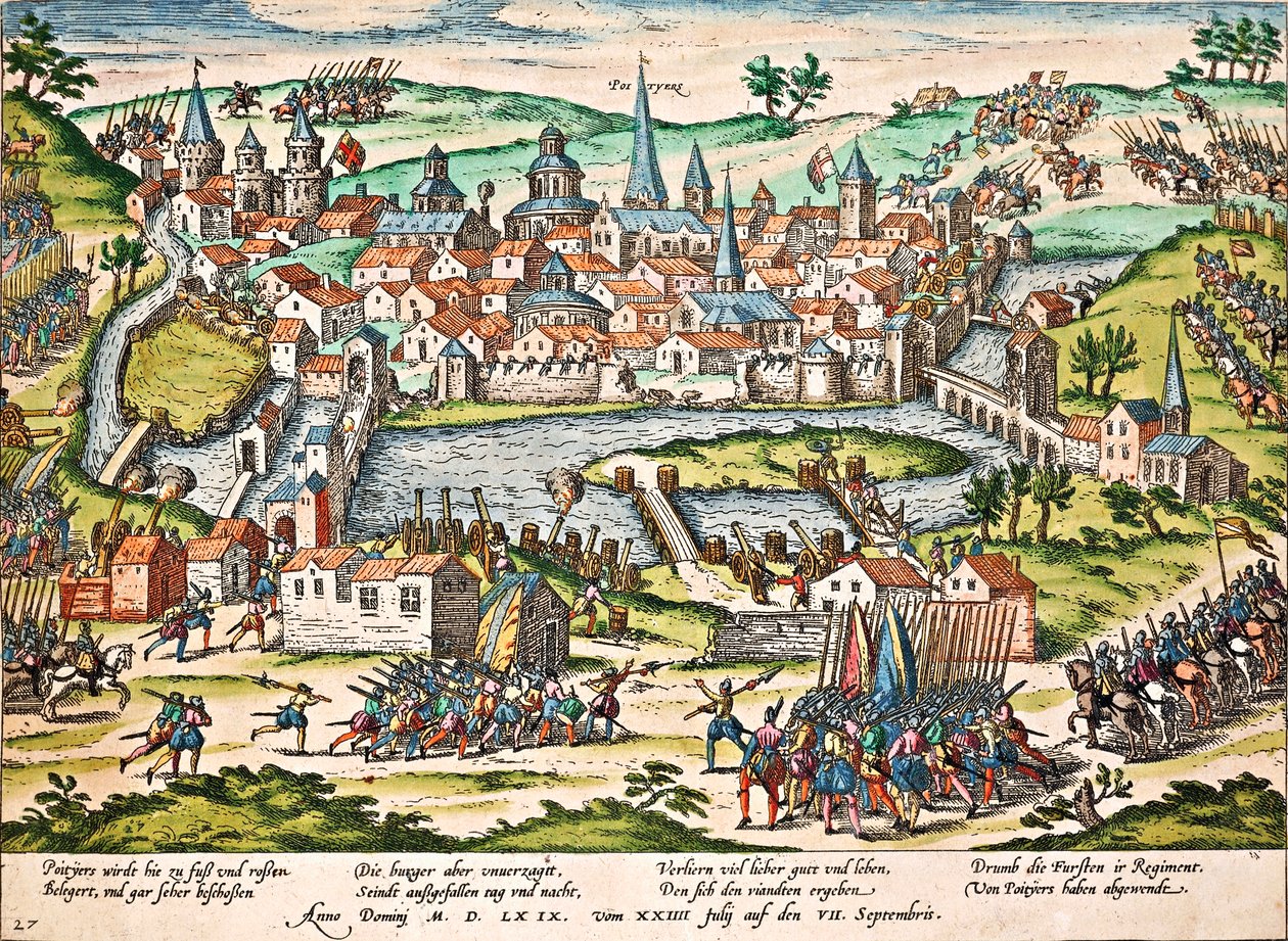 Papistai apgulė Puatjė, 1569 m. liepos mėn., Franzo Hogenbergo (1535-1590) graviūra, religijos karai, Francepoli autorstwa Franz Hogenberg