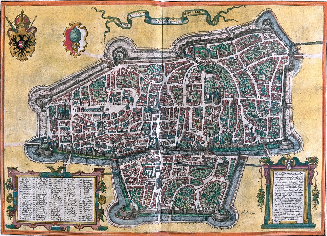Plan Augsburga (Augusta Vindelicorum), Niemcy (akwaforta) autorstwa Franz Hogenberg