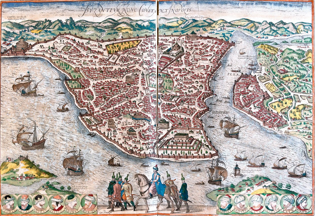 Plan Bizancjum przemianowany na Konstantynopol (Byzantium nunc Constantinopolis) (dzisiejszy Stambuł) autorstwa Franz Hogenberg