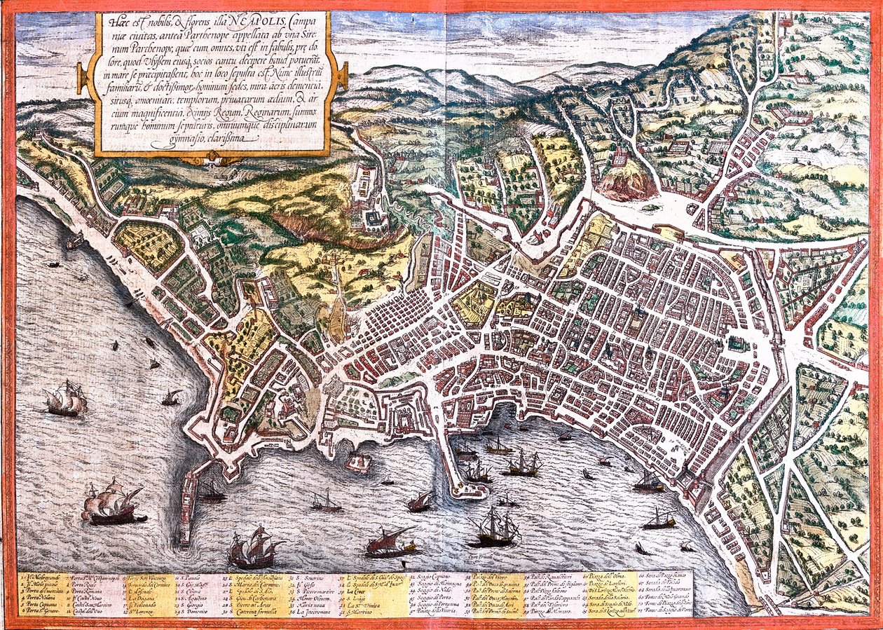 Plan Neapolu (Neapolis), Włochy (akwaforta autorstwa Franz Hogenberg