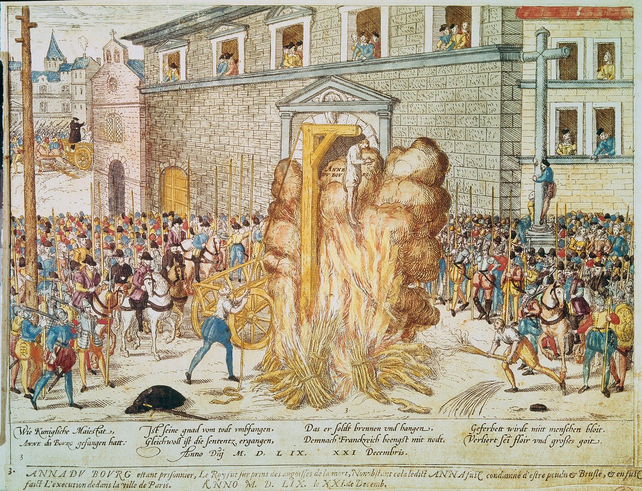 Wojna religijna: egzekucja francuskiego sędziego protestanckiego Anne du Bourg (1521-1559) w dniu 23.12.1559 na Place de Greve w Paryżu” autorstwa Franz Hogenberg