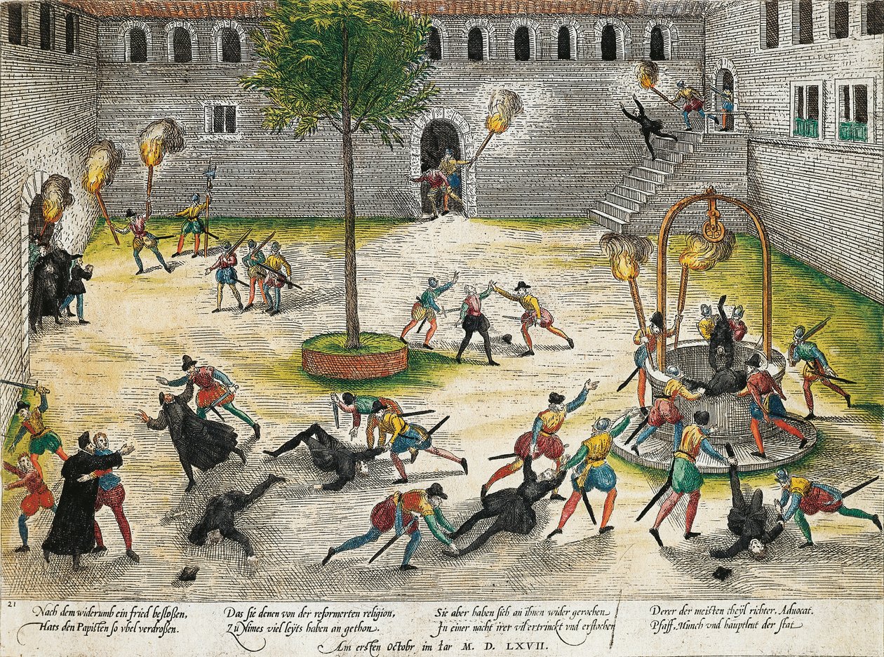 Odwet reformowanych przeciwko duchownym z Nimes, październik 1567, grawerowanie Franza Hogenberga (1535 do 1590), wojny religijne we Francji autorstwa Franz Hogenberg