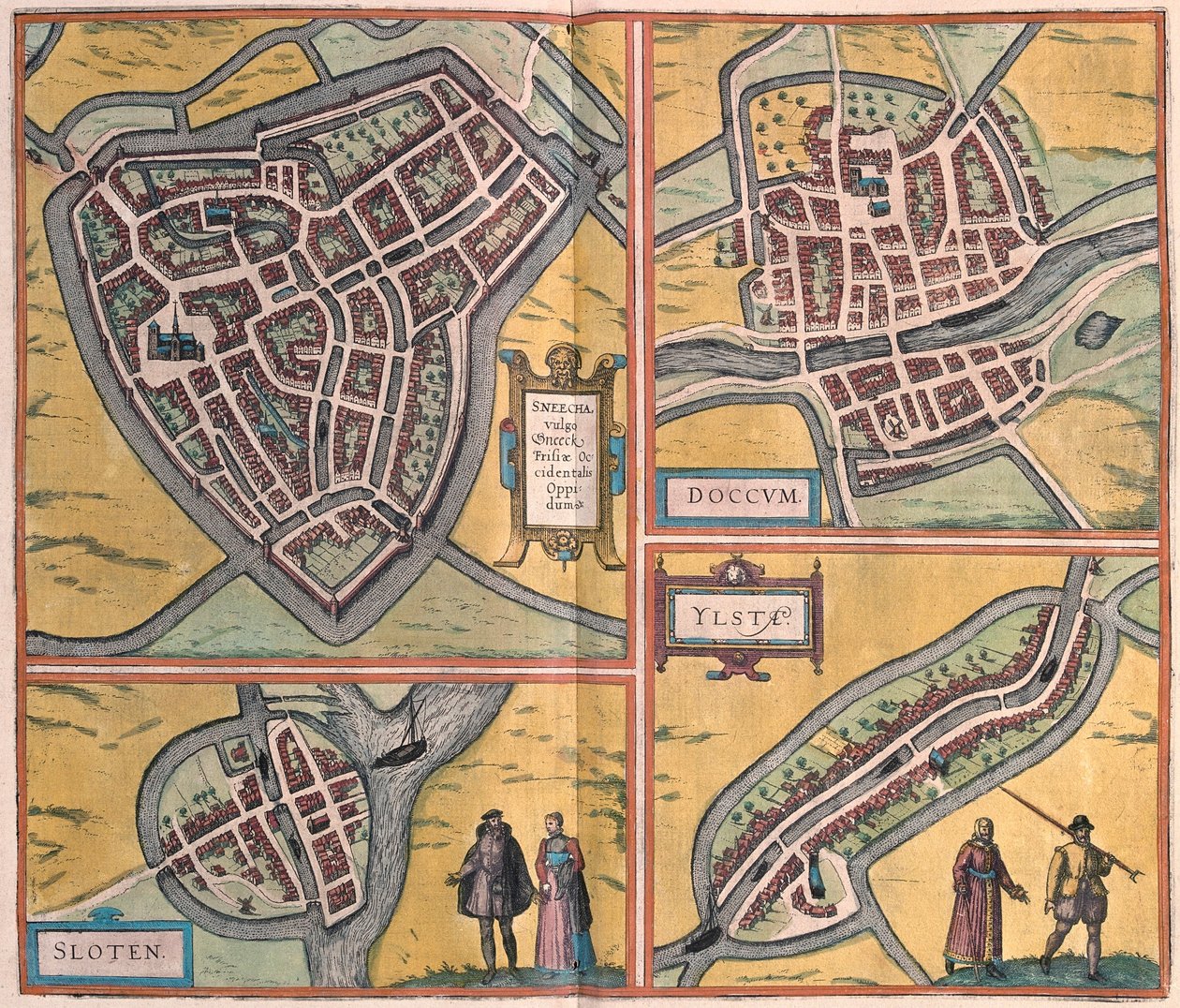 Sneek, Dokkum, Sloten, Ijlst, Holandia (grawerowanie autorstwa Franz Hogenberg