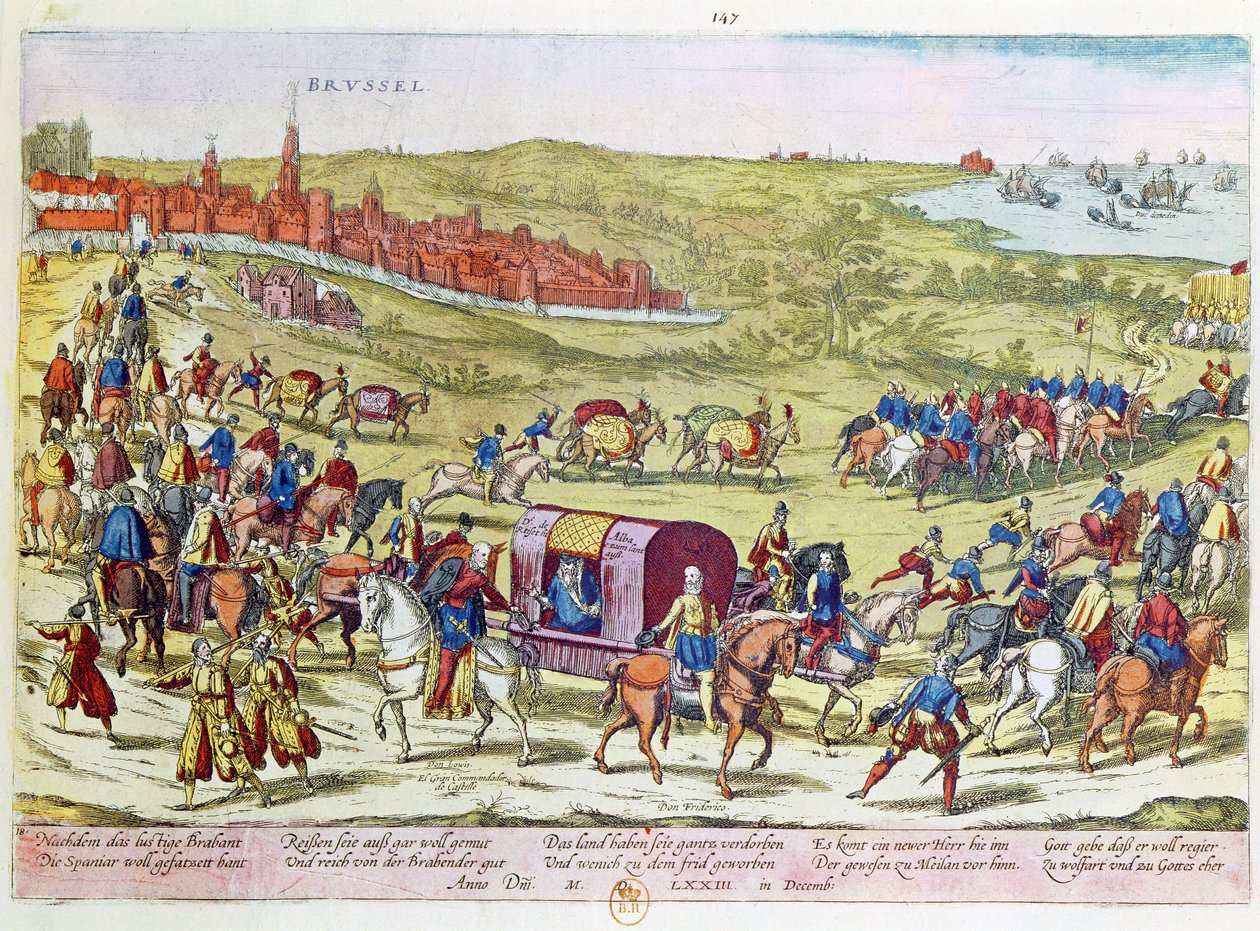Książę Alby, odwołany do Hiszpanii, opuszcza Brukselę, 1573 autorstwa Franz Hogenberg