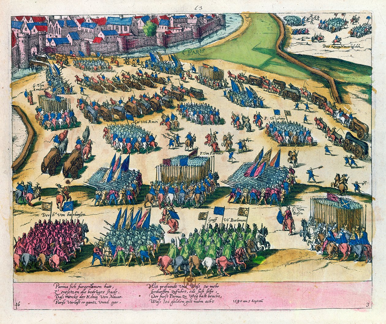 Książę Parmy uwalnia Paryż od oblężenia przez wojska Henryka IV w 1590 r. autorstwa Franz Hogenberg