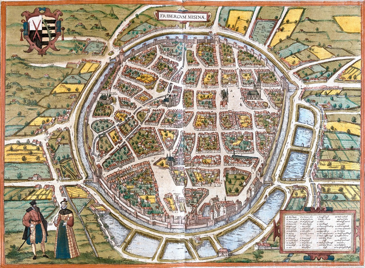 Plan miasta Freiberg (Fribergum Misinae), Niemcy (akwaforta autorstwa Franz Hogenberg
