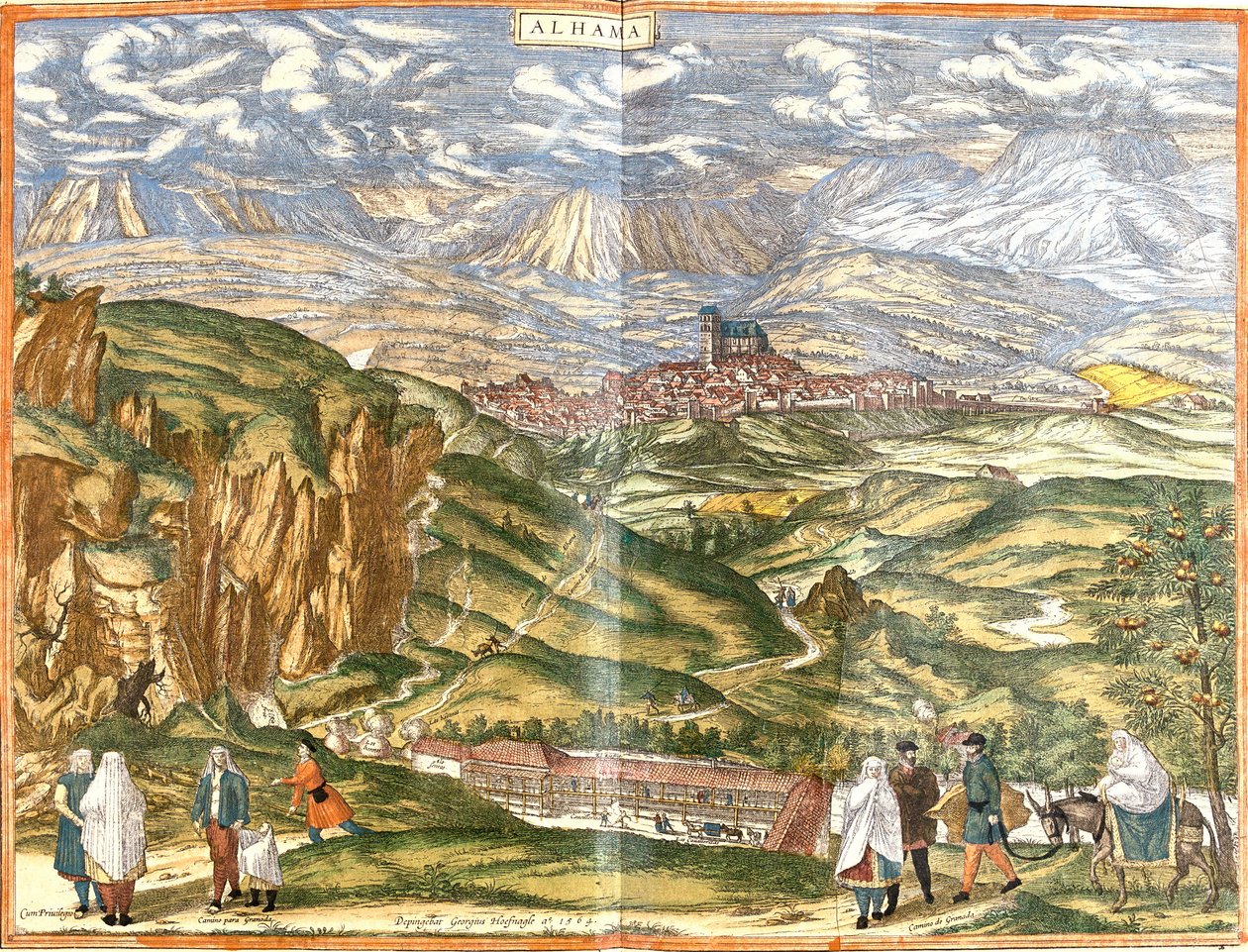 Widok Alhama de Granada (Alhama), Hiszpania (akwaforta autorstwa Franz Hogenberg